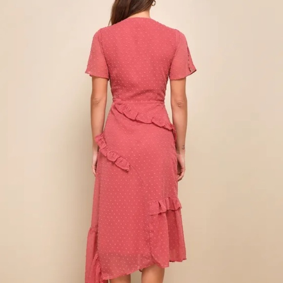 Lulu's Next to You Rusty Rose Swiss Dot Ruffled Midi Dress - Picture 2 of 12